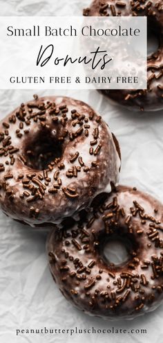 three chocolate donuts with sprinkles on top and the words, small batch chocolate donuts gluten free & dairy free