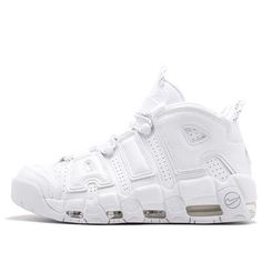 The Nike Air More Uptempo 'Triple White' is a timeless classic. Its iconic silhouette is crafted with a white leather upper and a rubber sole for a sleek and comfortable look. This sneaker is inspired by the 1996 Chicago Bulls 72-10 record-breaking season and the perfect performance of the Air More Uptempo on the court. It is the perfect choice for any activity, from a casual day out to a basketball game. The 'Triple White' colorway is a timeless classic that will never go out of style. Get your pair of the Nike Air More Uptempo 'Triple White' and make a statement. (SNKR/Unisex/Pure White) Summit White Round Toe Sneakers For Streetwear, Summit White Sneakers For Streetwear, Summit White Sneakers For Streetwear With Round Toe, Classic White Sneakers With Branded Insole, Classic Sneakers With Air Cushioning, Classic Sneakers With Air Cushioning And Round Toe, Summit White Sneakers For Light Sports With Round Toe, Summit White Sneakers For Light Sports, Classic Leather Basketball Shoes With White Sole