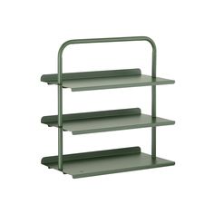 three tiered shelf with two shelves on each side, one is green and the other is