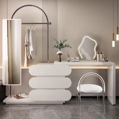 a white dressing table with mirror, stool and chair in a room that is well lit