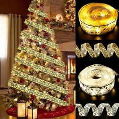 the christmas tree has many lights on it and is decorated with gold ribbons, bows, and other decorations