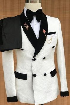 Cedric New Arrival White Jacquard Wedding Suits With Black Velvet Lapel Black Suit Designs, Mens Tux, Mens White Suit, Wedding Kurta, Quinceañera Ideas, White Tux, Harlem Nights, Stylish Mens Suits, Black And White Suit