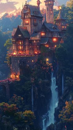 a castle on top of a cliff with waterfall and lights in the trees at night