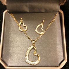 Heart Necklace And Earring Set! Gold Tone! New Still In Box. No Tags Attached! Mother's Day Party Jewelry With Open Heart Shape, Gold Heart-shaped Jewelry Sets For Party, Heart-shaped Gold Jewelry Sets For Parties, Necklace And Earring Set, Heart Necklace, Womens Jewelry Necklace, Earring Set, Gold Tones, Jewelry Necklaces