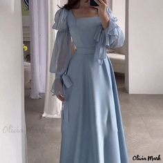 Olivia Mark - Square Neckline Bell Sleeve High Waist Belted Dress Forest Dress, Vacation Wedding, Measurements Chart, Birthday Vacation, Satin Evening Dresses, Modest Dresses Casual, Elegant Dresses For Women, Women's Evening Dresses, Fairy Dress