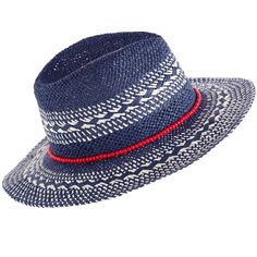 Keep the sunshine out of your eyes this summer with Shiraleah's Ames Hat. Made from deep blue paper straw with white woven details, this chic beach hat is the perfect match to any summer outfit. Pair with other items from Shiraleah's American Summer collection to complete your look! Blue Summer Sun Hat For Day Out, Blue Brimmed Sun Hat For Day Out, Blue Summer Hats For Day Out, Blue Summer Hat For Day Out, Blue Flat Brim Sun Hat For Beach, Blue Sun Hat For Summer Day Out, Chic Blue Straw Hat For The Beach, Chic Blue Beach Hat, Blue Summer Panama Hat For Beach