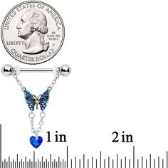 14 Gauge 9/16 Blue Gem Heart Colorful Butterfly Dangle Nipple Ring Set The colorful butterfly on this 14 gauge nipple jewelry is going to steal your heart! It's made with 14mm durable 316L surgical grade stainless steel straight barbells with 5mm ball ends. Each one features a butterfly charm, embellished with multi-color inlay and set at the center with an aurora gem. The bottoms of the butterflies wings have a chain dangling from them, which support a blue heart-shaped gem. The overall look is Butterflies Wings, Piercing Rings, Tongue Rings, Piercing Ring, Colorful Butterfly, Blue Gems, Butterfly Charm, Belly Rings, Colorful Butterflies