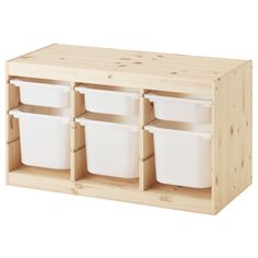 a wooden shelf with four white plastic containers on the bottom and two large ones in front