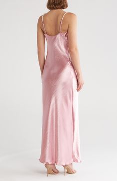 Imitation-pearl straps add to the luxe feel of a hammered-satin slipdress framed by a cowl neck and fluttery hem. 60" length (size Medium) 100% polyester Hand wash, line dry Made in the USA Elegant Pink Slip Dress With Delicate Straps, Feminine Slip Dress For Formal Occasions, Pink Satin Slip Dress For Prom, Pink Satin Slip Dress For Bridesmaid, Feminine Formal Slip Dress, Glamorous Pink Satin Slip Dress, Formal Slip Dress With Delicate Straps, Feminine Formal Satin Dress, Pink Slip Dress With Satin Finish And Spaghetti Straps