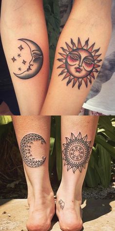 two people with tattoos on their legs and one has the sun, moon and crescent