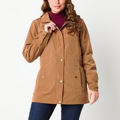 This St. John's Bay women's lightweight anorak is a stylish and practical wardrobe essential for the cooler months. It's crafted from a lightweight woolen fabric and features a classic-fit, a spread collar, long sleeves, two front slip pockets, a snap-button and zipper closure down the front, and a removable hood for added protection from the elements. Features: Removable HoodClosure Type: Snap & ZipperFit: Classic FitNeckline: Hooded NeckPockets: 2 Front Slip PocketsSleeve Length: Long SleeveWa Winter Utility Jacket Versatile Style, Versatile Outerwear With Pockets For Outdoor Activities, Versatile Winter Windbreaker With Pockets, Versatile Hooded Outerwear With Pockets, Functional Fall Outerwear For Everyday, Functional Outerwear For Fall, Functional Everyday Outerwear For Fall, Everyday Functional Fall Outerwear, Versatile Hooded Outerwear For Outdoor Activities