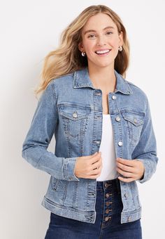 Maurices Women's Blue Denim Jacket Size XX Large - Casual Denim Utility Jacket, Affordable, Dark Jean Jacket, Cheap Button-up Denim Jacket With Button Closure, Cheap Women's Button-up Denim Jacket, Lightweight Denim Jacket, Medium Wash Button-up Denim Jacket With Frayed Hem, Spring Pre-washed Medium Wash Denim Jacket, Maurices Plus Size, Distressed Jean Jacket