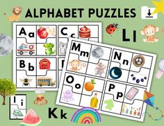 the alphabet puzzles with pictures of animals, letters and other things in them on green background