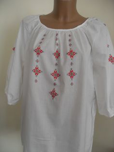 Embroidered blouse with traditional Bulgarian embroidery came from the centuries Folk Blouse With Multicolor Embroidery Motif, Red Embroidered Blouse For Festivals, Red Blouse With Embroidered Border For Festivals, Traditional White Embroidered Top, Traditional White Peasant Top With Intricate Embroidery, Traditional Red Blouse With Embroidered Border, Bohemian White Blouse With Motifs, Traditional White Festive Top, White Traditional Tops With Traditional Patterns