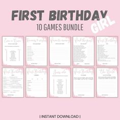 the first birthday games bundle is shown in pink