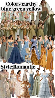 many different types of dresses and gowns are shown in this image with the words colorsearty blue, green, yellow