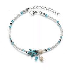 Turquoise Blue White & Clear Starfish & Seashell  Shell Crystal Beads - Ella Moore Beach Carnival, Anklets Online, Starfish Anklets, Dazzling Jewelry, Anklet Chain, Silver Ankle Bracelet, Beaded Ankle Bracelets, Beautiful Anklet, Beaded Ankle