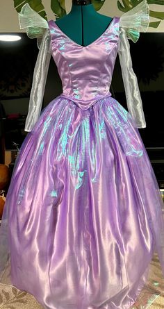 Purple Fitted Ball Gown Princess Dress, Purple Fantasy Costume Party Dress, Purple Fantasy Dress For Costume Party, Purple Princess Dress With Fitted Bodice, Fantasy Style Purple Dress For Costume Party, Lavender Fitted Princess Dress For Dress-up, Purple Ball Gown For Dress-up Occasions, Purple Costume Dress For Cosplay Events, Princess Style Purple Ball Gown