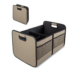 two storage bins with handles on each side and an open one in the middle