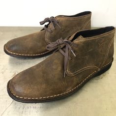 John Varvatos Distressed Oiled Leather Lace Up Chukka Boots - Brown Leather Upper With Contrasting Stitching Men's Size 12 M Excellent, Unworn Condition! Brown Suede Leather Shoes With Snip Toe, Rugged Leather Shoes With Rubber Sole And Round Toe, Leather Lace-up Desert Boots With Leather Footbed, Fall Leather Brogue Shoes, Brown Chukka Boots With Stitched Sole And Almond Toe, Brown Chukka Boots With Almond Toe And Stitched Sole, Brown Almond Toe Chukka Boots With Stitched Sole, Rugged Leather Slip-on Shoes With Leather Footbed, Rugged Slip-on Leather Shoes With Leather Footbed