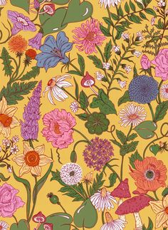 a yellow background with colorful flowers and birds on it's sides, all in different colors