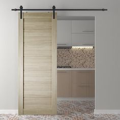 an open sliding door in a kitchen with white walls and floor tiles on the floor