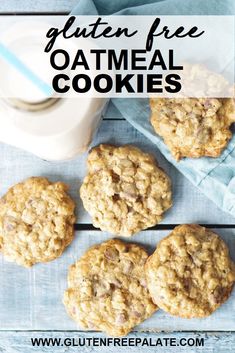 gluten free oatmeal cookies on a wooden table with a glass of milk