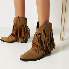 Shop Women's Brown Faux Suede Fringe Chunky Heel Cowboy Boots Western Ankle Booties  color Brown for Dancing Club, Date, Night Club, Party, Work with worldwide Free shipping & Free return. High Heel Cowboy Boots, Heel Cowboy Boots, Ivory Heels Wedding, Cowgirl Ankle Boots, Blue Satin Heels, Navy Wedding Shoes, Kitten Heel Wedding Shoes, Neon Sandals, Bridal Shoes Low Heel