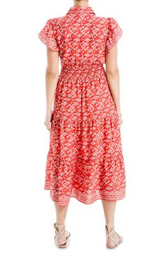 Vibrant florals bloom upon this shirtdress framed by a spread collar and flutter sleeves. 47 1/2" length Spread collar Short sleeves Unlined 100% polyester Machine wash, line dry Imported Model stats: 5'10" height, 32" bust, 25" waist, 36" hip. Model is wearing size Small. Flowy Ditsy Floral Print Dress With Ruffle Sleeves, Flowy Dress With Ditsy Floral Print And Ruffle Sleeves, Brunch Floral Dress With Flutter Sleeves, Red Relaxed Fit Dress For Spring, Casual Floral Dress With Ruffle Sleeves, Summer Floral Print Midi Dress With Flutter Sleeve, Summer Floral Flutter Sleeve Midi Dress, Ditsy Floral Print Flutter Sleeve Dress For Brunch, Flutter Sleeve Midi Dress With Floral Print For Summer