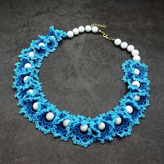 Blue Beaded Lace Necklace With White Agate and 18k Gold Filled Accents Boho Bohemian Style Handmade Jewelry - Etsy Beautiful Beaded Jewelry, Jewerly Beads, Boho Fashion Bohemian, Lace Necklace, Unique Color Combinations, White Agate, Handcrafted Necklace, Beaded Necklaces, Beaded Lace