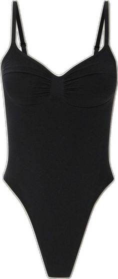 Black Sculpting Swimwear For Swimming, Chic Black Second-skin Swimwear, Fitted One-piece Seamless Leotard, Fitted Seamless One-piece Leotard, Chic Black Seamless Leotard, Sleek Black Second-skin Swimwear, Black Fitted Nylon Bodysuit, Fitted Black Nylon Bodysuit, Black Stretch Polyamide Bodysuit