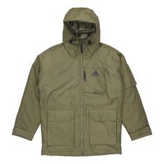 Adidas Outdoor Sports hooded down Jacket Olive Green H61734 (Down/Men's/Solid Color/Gift Recommend) Sporty Nylon Puffer Parka, Casual Puffer Jacket With Detachable Hood For Winter Sports, Hooded Nylon Puffer Jacket For Winter Sports, Sporty Puffer Jacket With Adjustable Hood For Cold Weather, Sporty Down Parka With Detachable Hood, Functional Down Hooded Jacket With Detachable Hood, Functional Down Jacket With Detachable Hood, Hooded Down Windbreaker For Cold Weather, Sporty Puffer Parka For Winter