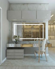 an elegant bathroom with marble counter tops and white chairs in front of a large mirror on the wall