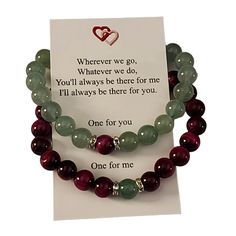 "Matching set of gemstone bracelets for couples, friends, or family Remind yourself of the special relationships you have with those that you adore with these couples/distance bracelets. Each set comes in a complimentary gift box with a note that reads: \"Wherever we go, Whatever we do, You'll always be there for me I'll always be there for you. One for you One for me\" Perfect for gift giving ; Christmas, Valentine's day, Birthday, long distance relationships or just friendships Rose Red Tiger Eye and Green Aventurine Bracelets are made with high quality, AAA grade genuine natural semi-precious 8mm gemstones and include a magnetic clasp to attach to one another.  (Your choice of silver or gold settings) Available in several sizes.  Measure your wrist by wrapping a fabric tape measure arou Valentine's Day Gift Bracelets With Natural Stones, Friendship Gemstone Beaded Bracelets, Friendship Beaded Bracelets With Gemstone Beads, Green Bracelets For Valentine's Day Gift, Green Bracelet For Valentine's Day Gift, Matching Friendship Bracelets, Friendship Rose, Bracelets Matching, Bracelets For Couples