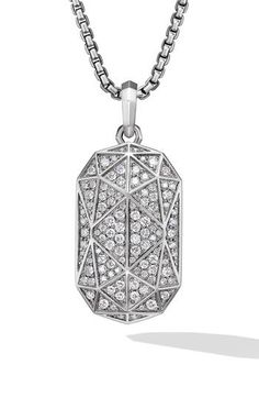 Sterling silver. Pavé diamonds, 2.16 total carat weight. Amulet, 47.9 x 21.1mm. Amulet drop length, 36.3mm. Please note: amulet only; chain sold separately. This item can be engraved. Imported. >Diamond Guide Luxury Octagon Diamond Necklace, Luxury Diamond Necklace With Octagon Diamond Accents, Luxury Octagon Diamond Necklace With Diamond Accents, Luxury Octagon Diamond Necklace With Accents, Luxury Pave Set Drop Jewelry, Octagon Diamond Jewelry In Diamond White, Octagon-shaped Diamond Jewelry In Diamond White, Luxury Drop Jewelry With Pave Setting, White Diamond Octagon Jewelry