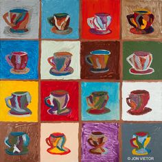 a painting of coffee cups in different colors