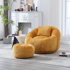 a living room scene with focus on the chair and ottoman