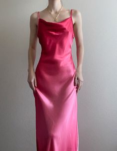 "Vintage satin pink ombré slip dress, cowl neck. Size Small, 32\" bust. Very good vintage condition. Modeled on size XS, 5'7\"." Dark Pink Silk Dress, Pink Satin Finish Slip Dress For Formal Occasions, Formal Pink Satin Slip Dress, Formal Pink Satin Finish Slip Dress, Pink Silk Slip Dress With Bias Cut, Pink Silk Slip Dress With Satin Finish, Pink Sleeveless Bias Cut Satin Dress, Pink Slip Dress With Satin Finish And Spaghetti Straps, Pink Silk Satin Dress With Bias Cut