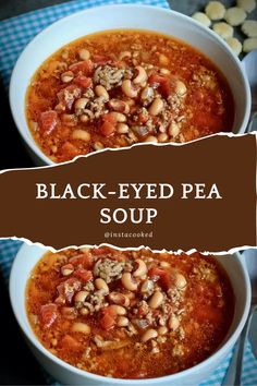 two bowls of black - eyed pea soup on a blue and white checkered tablecloth