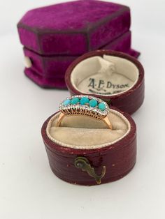 Welcome to Caviar and Cobwebs ! Thanks for stopping by. Enjoy browsing!  Here we have a lovely Edwardian turquoise and diamond saddle ring. Five oval shaped turquoise stones surrounded by old mine cut diamonds. Please note two diamonds have been replaced with rose cut Diamonds. Total of 0.20ctw   This ring is in a size 7. Stunning colour to the turquoise. Not marked, but tested.  Gift wrapped and shipped safe and secure from Canada. Box for display purposes only* Luxury Turquoise Diamond Ring As Gift, Turquoise Diamond Ring As Gift, Turquoise Diamond Ring As A Gift, Fine Jewelry Turquoise Ring With Diamond Accents, Fine Jewelry Diamond Turquoise Ring For Anniversary, Turquoise Diamond Ring With Diamond Accents As Gift, Turquoise Diamond Anniversary Ring, Fine Jewelry Turquoise Wedding Ring, Turquoise Art Deco Rings For Gift