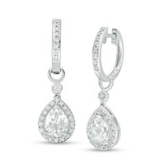 These exquisite diamond-touched drop earrings are a tantalizing look that doesn’t stop. Crafted in sterling silver, each earring glistens with a beautiful 8.0 x 6.0mm pear-shaped lab-created bright white sapphire outlined in glittering diamonds. A petite round bezel-set created sapphire accent and polished half-loop top the dangle, while additional created sapphires line the sculpted ear wire to complete this eye-catching style. Radiant with 1/5 ct. t.w. of diamonds and a brilliant buffed luster Elegant Pear Shaped Diamond Cut Earrings, Timeless Sterling Silver Diamond Earrings For Wedding, Classic White Gold Teardrop Diamond Earrings, Elegant Sterling Silver Teardrop Earrings With Brilliant Cut, White Gold Bridal Earrings With Diamond Accents, Pear Shaped, Elegant Pear-shaped Diamond Earrings With Diamond Cut, Pear-shaped White Gold Bridal Earrings With Diamond Accents, Classic White Teardrop Earrings With Diamond Accents, Elegant Drop Earrings With Diamond Cut