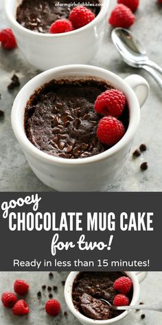 chocolate mug cake with raspberries on top and the title reads, gooey chocolate mug cake for two ready in less than 15 minutes