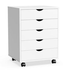 a white dresser with four drawers on wheels