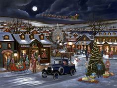 a christmas scene with an old car in the foreground and people on the street