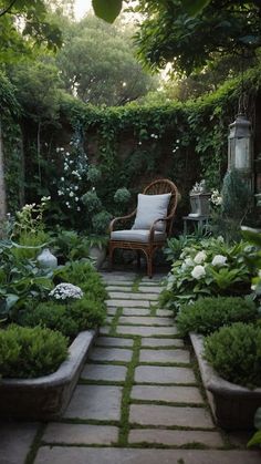 a chair sitting in the middle of a garden