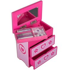 a pink toy chest with two drawers and mirrors on top of it's sides