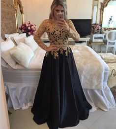 Gold Modest Dress, Black Gala Dresses, Black Long Sleeve Prom Dress, Lace Prom Gown, Formal Belts, Gold Evening Dresses, Evening Gowns With Sleeves, Black Evening Gown, Modest Dress