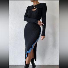 Black Sweater Dress With Blue Black Winter Club Midi Dress, Black Midi Dress For Club In Winter, Black Midi Dress For Winter Clubbing, Trendy Black Winter Dress, Winter Black Bodycon Midi Dress, Trendy Black Long Sleeve Midi Dress, Trendy Long Sleeve Black Midi Dress, Trendy Black Midi Dress For Winter, Black Stretch Midi Dress For Winter