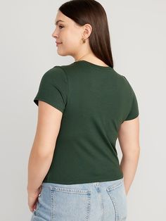 Cropped Slim-Fit T-Shirt for Women | Old Navy Casual Ribbed Cropped Cotton T-shirt, Basic Scoop Neck T-shirt With Ribbed Neckline, Green Ribbed Crew Neck T-shirt, Casual Stretch Crew Neck T-shirt, Basic Ribbed Short Sleeve Top, Trendy Ribbed Short Sleeve Top For Everyday, Casual Fitted Crew Neck T-shirt, Basic Solid Cropped T-shirt With Crew Neck, Basic Solid Crew Neck Cropped T-shirt