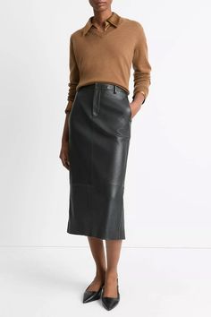 Burnished for a vintage, lived-in look, our supple leather pencil skirt is finished with trouser-inspired details and an elasticized back waistband for covert comfort. Zip fly and hook-and-bar closure. Elasticized back waistband. Quarter-top pockets. Welt back pockets. Back vent. Professional clean only. 100% Lambskin leather. Baby Clothes Sale, Timeless Dress, Leather Pencil Skirt, Sweater Collection, Skirt Vintage, Fashion Attire, Tee Dress, Matching Dresses, Shirt Sale